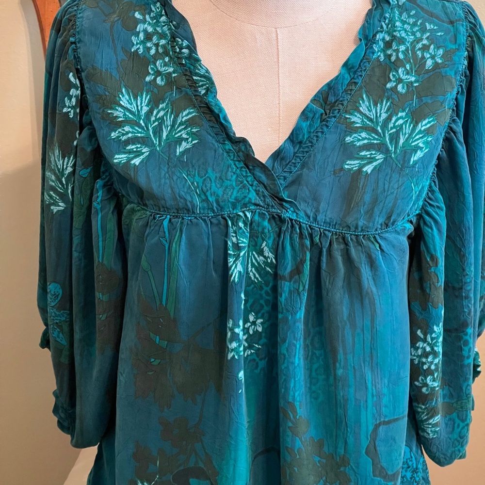 Tianello Teal Ruffled 3/4 Sleeve Blouse